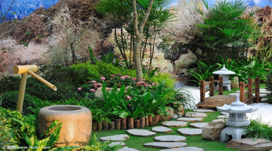 Japanese garden style step stone and lantern
